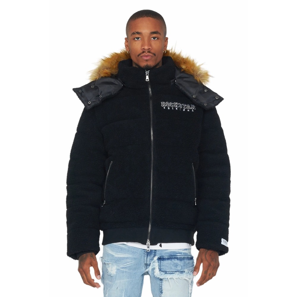 Rockstar Original Sarvesh Black Sherpa Puffer Jacket Faux Fur Hood Mens Size M